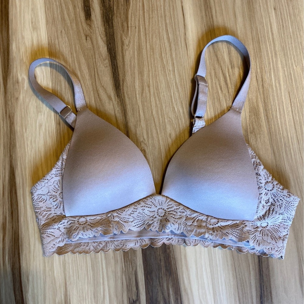 Aerie Real Sunnie Wireless Lace Trim Bra Bralette Mauve Tan 32A